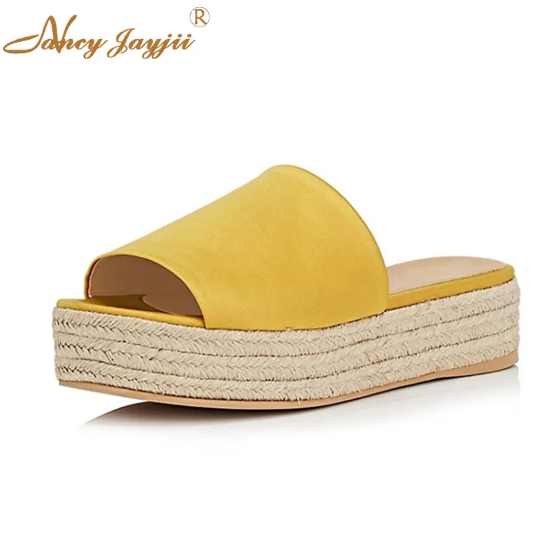 

Mule Espadrille Platform Med Heel Flat Slippers Yellow Red Blue Big Size 8 9 15 Straw Shoes Women's Slides Casual Summer 2019