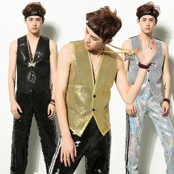 

Bright NightClub Short Sleeve Jazz Dance Tops+Pants For Men Bar Dj Dancers Male Fit Singer Stage Costume V-type Neck Wear BL1220