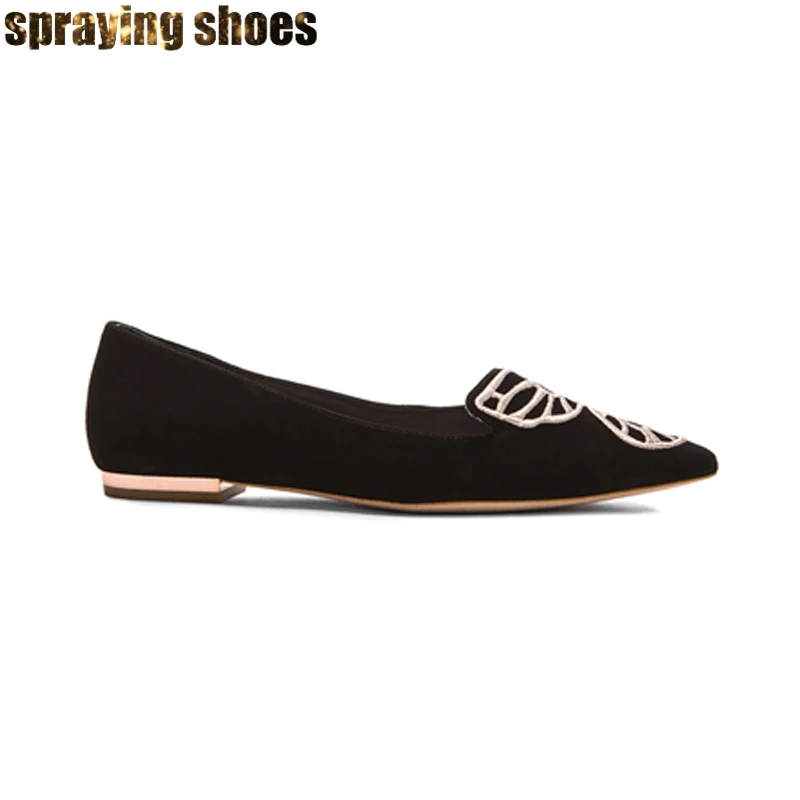 

Black Suede Leather Women Flats Casual Shoes Fashion Office ladies Pointed Toe Slip On Butterfly Loafers Shoes Big Size 10