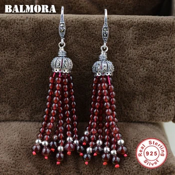 

BALMORA 925 Sterling Silver Red Garnet Tassel Dangle Earrings for Women Mother Gift Ethnic Earrings Jewelry Brincos HSJ30179