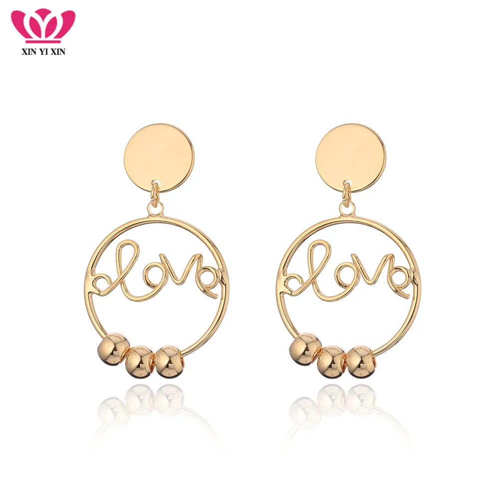 Korea Style Gold Round Love Letter Drop Earrings Slip Beads Lovely Dangle For Women Jewelry Party Gifts 2018 Hot Sell | Украшения и