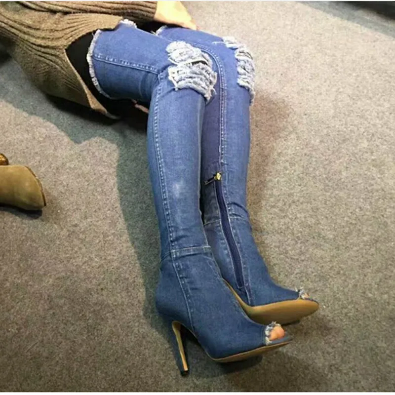 JINJOE/высокие эластичные джинсовые ботфорты выше колена; женская обувь до бедра на высоком каблуке; рваные джинсы с потертостями; обувь с открытым носком на каблуке