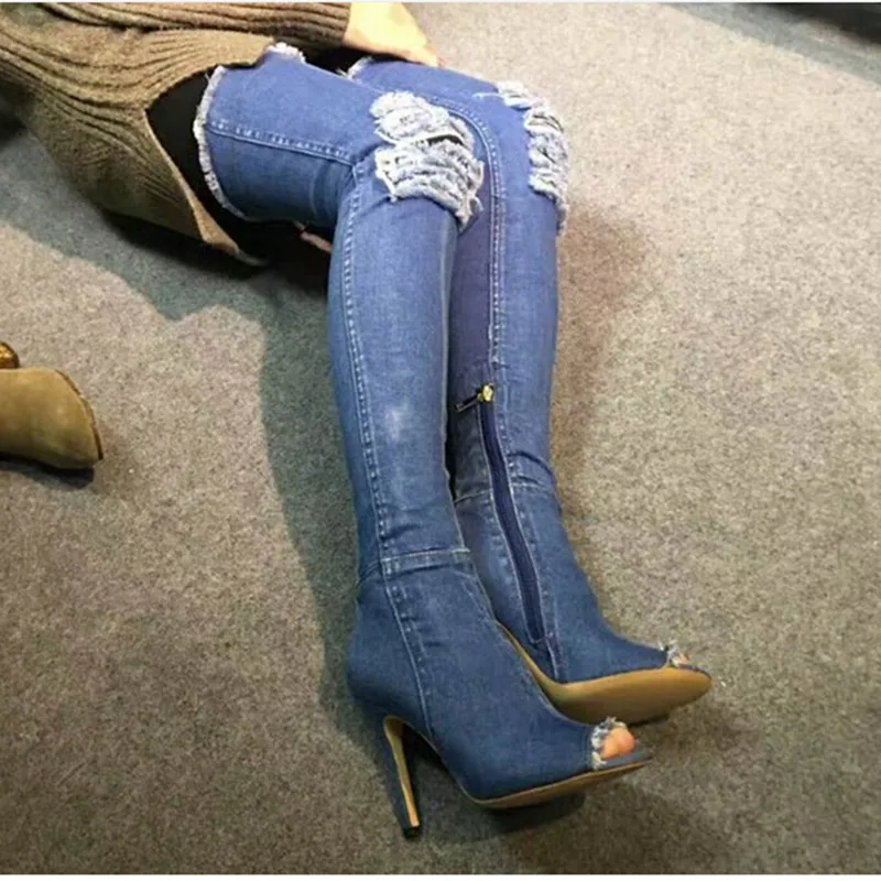 JINJOE High stretch pump Denim Over The Knee Boots Shoes Woman Thigh High heel Ripped Distressed Denim Jeans Open Peep Toe Heels
