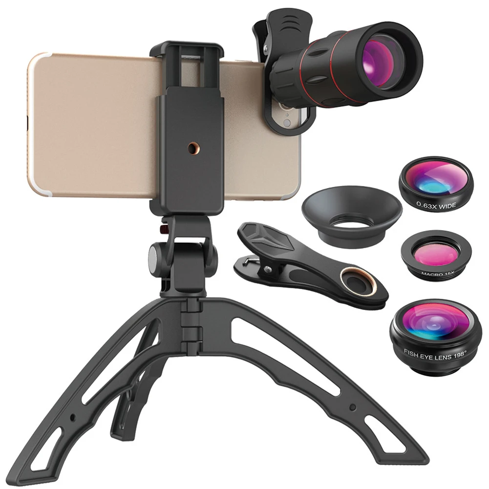 

18X Mini Tripod 4 In 1 Fisheye Wide Macro Lens Telescope Cellphone Monocular Lens Mobile Phone Lens External Phone Lens