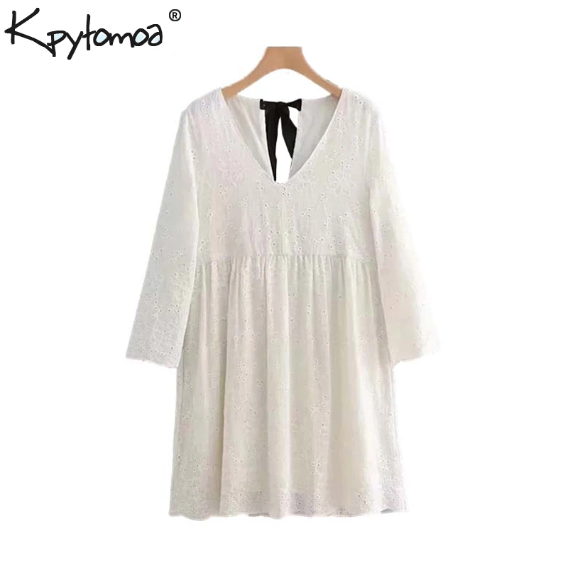

Vintage Stylish Embroidery Hollow Out Mini Dress Women 2019 Fashion O Neck Back Bow Tie Ladies Dresses Casual Vestidos Mujer