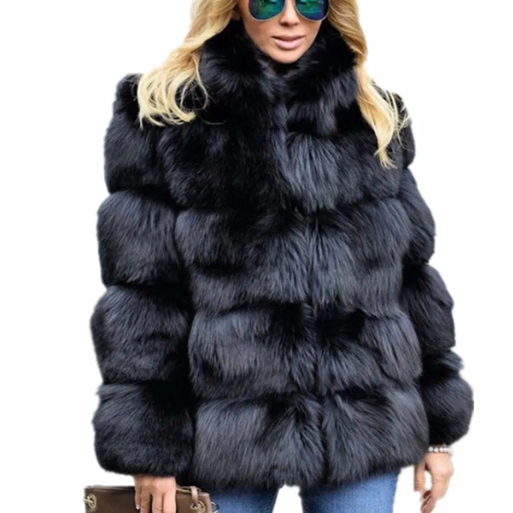 Женская зимняя Роскошная куртка из искусственного меха лисы с длинным рукавом и воротником из искусственного меха, верхняя одежда, Женская куртка из искусственного меха, большие размеры, черные топы, пальто