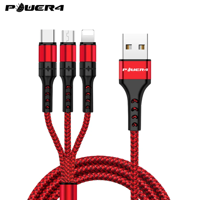 Power4, 3 в 1, USB кабель, быстрая зарядка, зарядное устройство Micro для Lightning, usb type C, универсальные кабели для мобильных телефонов, шнур для iPhone, samsung - Цвет: Red