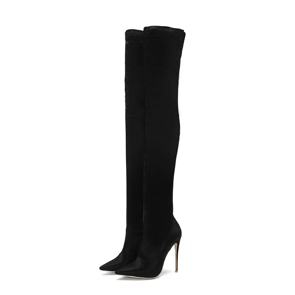 Cm Pointu Élastique Hauts Talons Satin Roviciya Sur Genou Black 12 Bottes Bas Automne Le Discothèque Chaussures Wj031 Bout Femme Sexy Noir LVpGUzMjqS