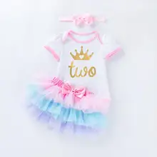 Комплект из 3 предметов для маленьких девочек в виде звезды и сердца, 1-й день рождения, наряд принцессы с изображением мороженого, 1-й короны, комбинезон, юбка-пачка, повязка на голову с бантом