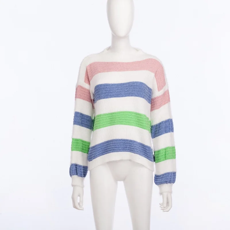 Color matching Stripe Sweaters Women Autumn Winter Pullovers Jumpers Female Knitted Loose Warm soft Sweaters Mujer Pullover - Цвет: green