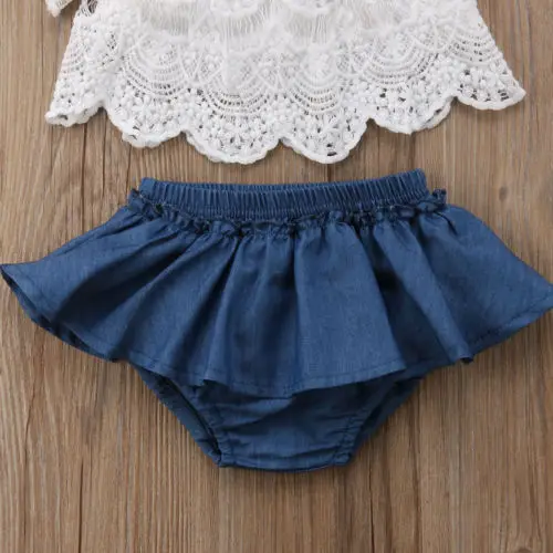 Summer Baby Girls Toddler Off Shoulder Lace Shortsleeve Tops Denim Shorts Dress Outfits Clothes Baby Girl 0-3T