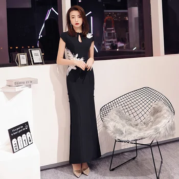 

Black Appliques Cheongsam Women Evening Party Gown Qipao Sexy Elegant Novelty Vestidos Long Mandarin Collar Formal Party Dress