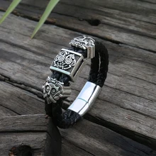 Viking eslavo pulseira de couro masculino preto trançado manguito aço inoxidável fecho magnético 100% pulseiras de couro genuíno