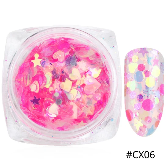 1 коробка блеск для ногтей AB Цвет хлопья ногтей искусство Декор с блестками микс 3D Звезда Сердце Блестки блестка порошок Маникюр TRCX01-12 - Цвет: CX06