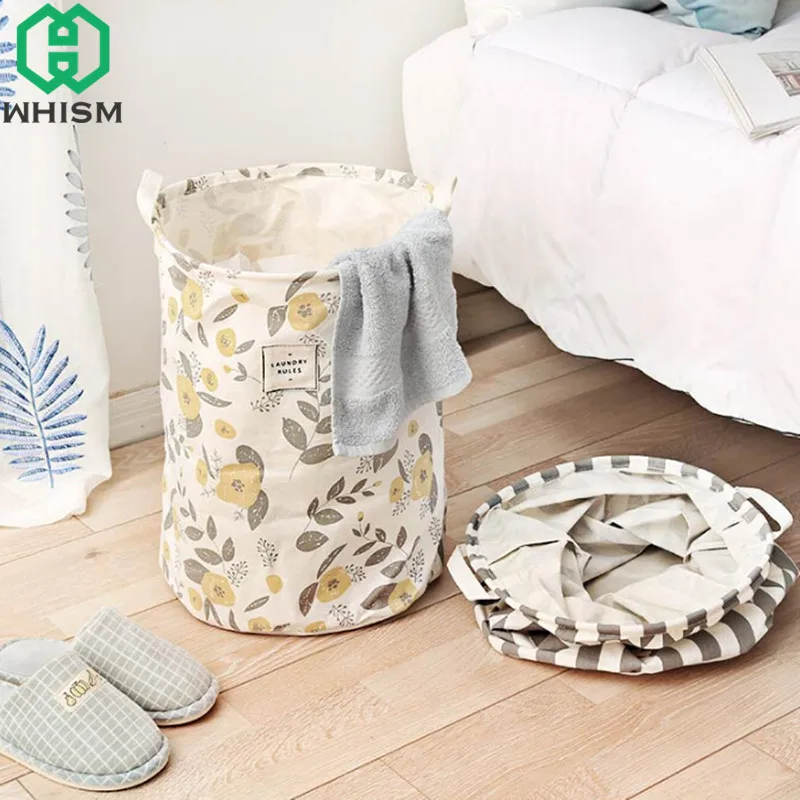 

WHISM 35x40cm Folding Laundry Basket Hanging Picnic Baskets Kids Toy Barrel Dirty Clothes Organizer Cotton Linen Storage Basket