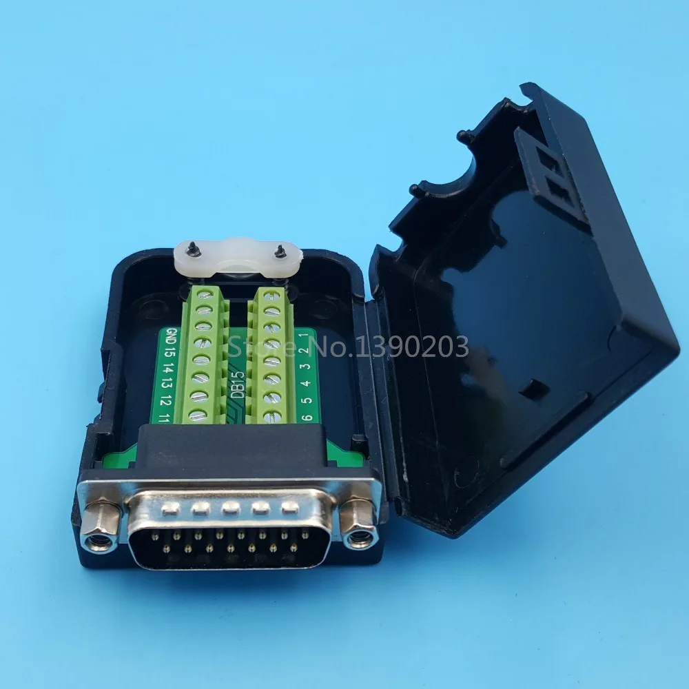 

DB15 D-SUB Male 2 Row 15 Pin Plug Breakout Terminals Board Connector Nut Type With Black Plastic Cover