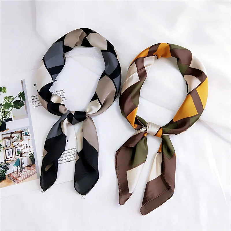 

2019 Small Squares Scarf Bandana Women 70*70 cm Head Scarf Multicolor Geometric Lattice Kerchief Female Neck Shawl Wrap Muffler