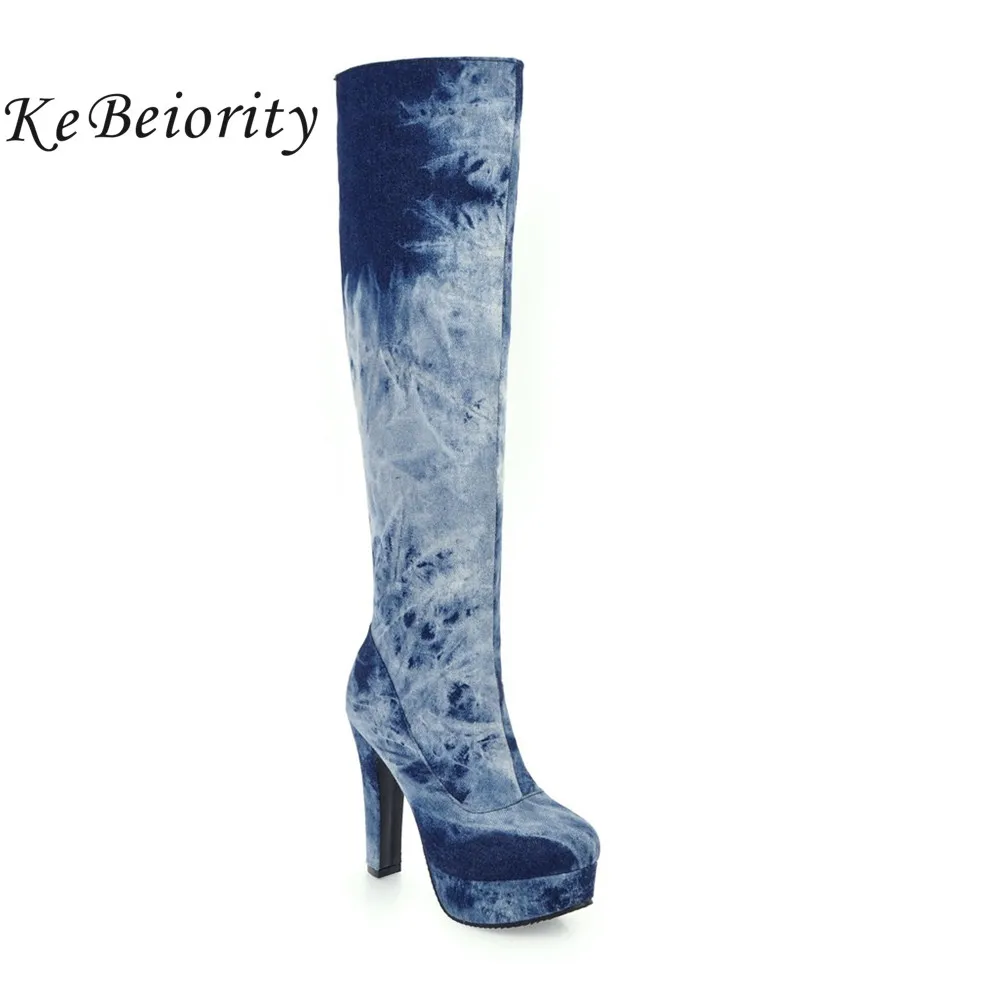 

KEBEIORITY Fashion Blue Denim Boots Women 2017 High Heels Knee High Boots Platform Shoes Woman Riding Boots Plus Size 33-48