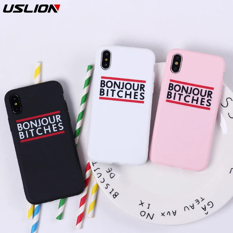 

USLION Candy Color Quote Phone Case For iPhone 7 8 6s Plus 5SE Soft TPU Ultrathin Cover XR XS Max Cartoon Graffiti Letter Cases