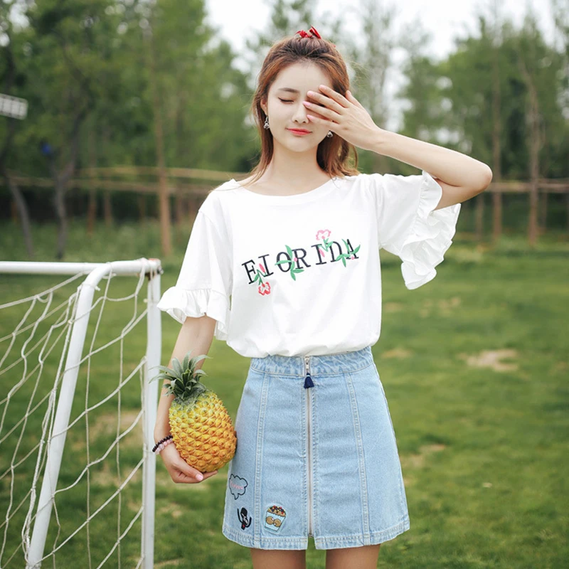 

KISBINI 2019 Korean Style Summer Women T-shirt Tops Letter Flower Embroidery O-Neck Short Sleeve Loose Causal T-shirts Clothes
