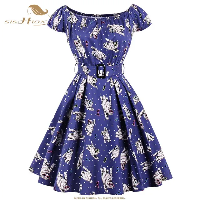 sishion white cat print retro vintage dress 50s 60s plus size slash