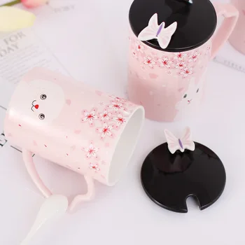

Cute Cartoon Pink Rabbit Ceramic Coffee Milk Mug With 3D Bow Lid And Spoon Porcelain Coffee Tea Cups For Water Tea Drinking Gift