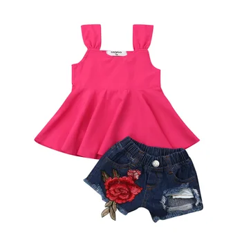 

Fashion New Kids Baby Girl Sleeveless Vest Tops Embroidery Flower Hole Denim Shorts Jeans 2PCS Outfits Girls Clothing Set