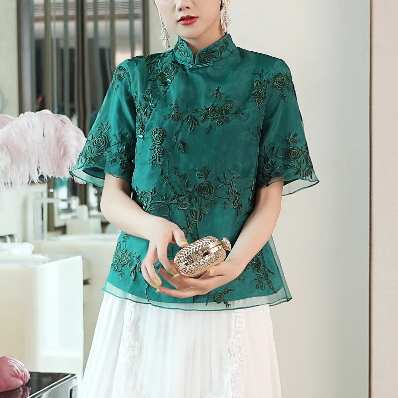 

Womens Tops And Blouses Summer 2019 New Vintage Chinese Style Stand Collar Embroidered Solid Color Tang Suit Short Cheongsam Top