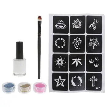 

Temporary Shimmer Glitter Powders Tattoo Stencils Brush Glue Kit Body Art Supply