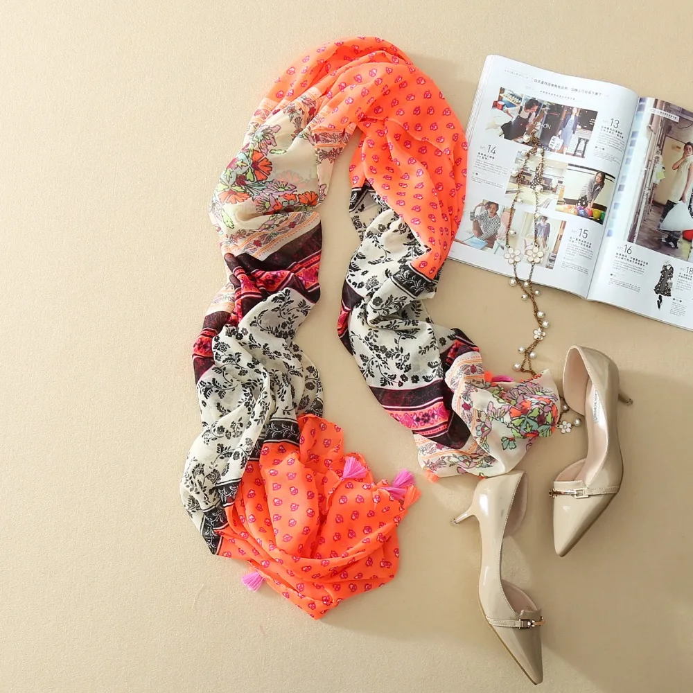 2016 Women Neon Little Floral Printed Tassel Scarf Quality Cotton Scarf