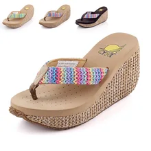 Straw Wedges Sandals Waterproof High Heeled Flip Flops Summer Sandals Beach Female Muffin Slippers Casual