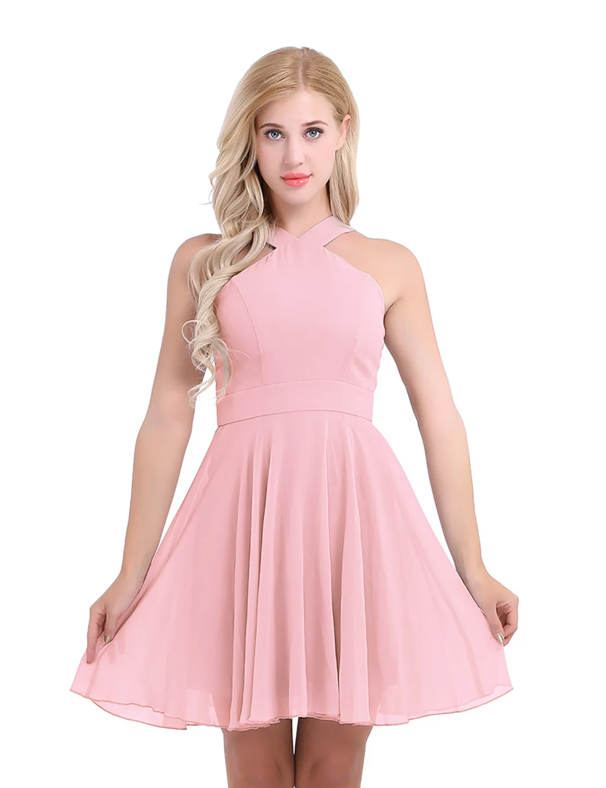 TiaoBug элегантное женское летнее короткое шифоновое платье на бретельках для девушек, вечернее платье для подружки невесты, свадебное платье для выпускного бала, мини-платье - Цвет: Pearl Pink