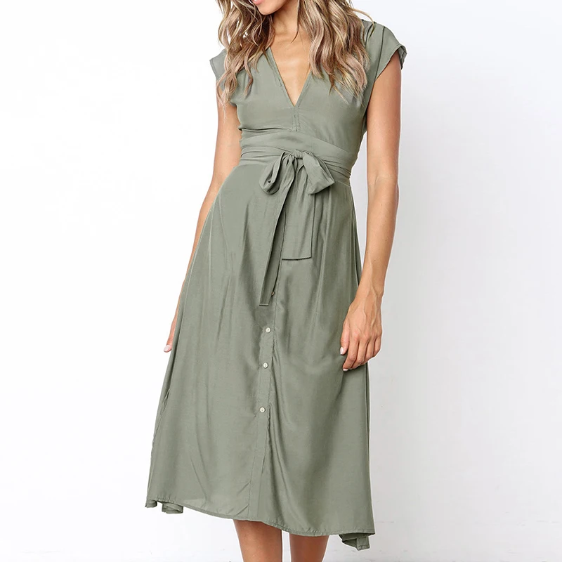 Women's Striped Mid-Calf Dress New Fashion Button Sexy V-Neck Short Sleeve Dresses Vestidos Female Casual Daily Party Sundress
