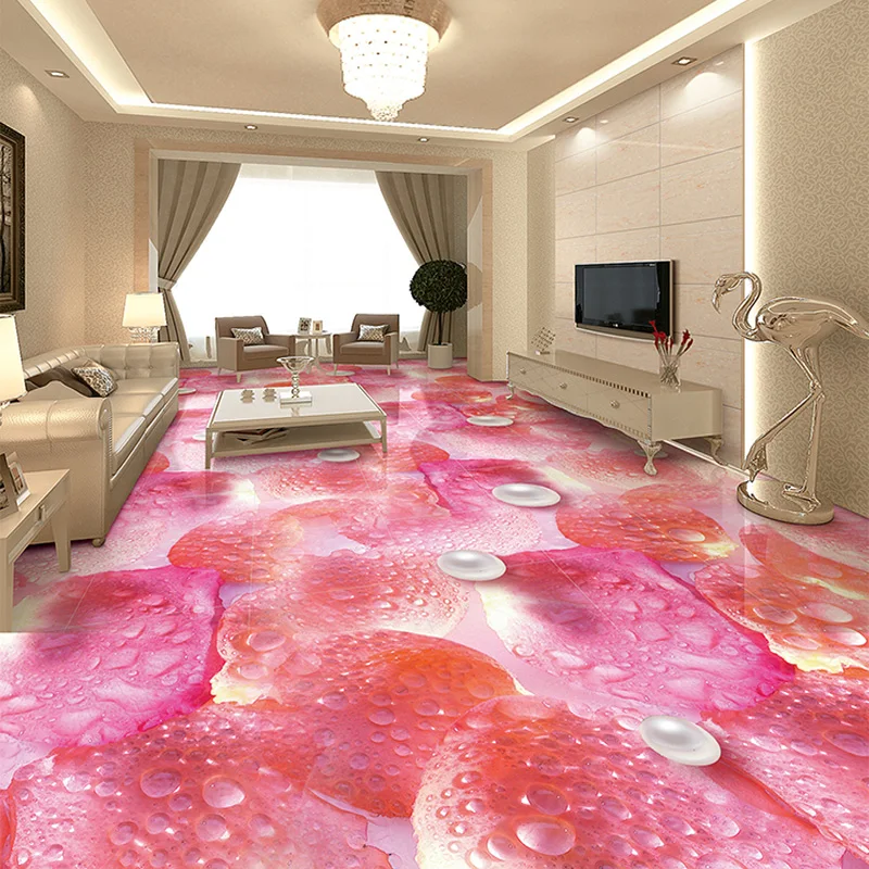 

Custom Photo Mural Wallpaper Petals Pearls Water Drops 3D PVC Floor Mural Sticker Living Room Bedroom Bathroom Floor Decor Paper