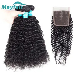 Mayfair 3 пучки волосы remy свободная часть бразильские волосы плетение пучки с закрытием вьющиеся человеческие волосы пучки с закрытием 4*4