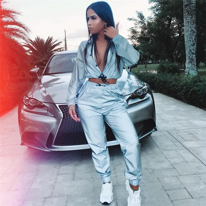 BOOFEENAA عاكسة اثنين قطعة مجموعة الرباط المحاصيل بلوزات وسراويل الورك هوب نادي مهرجان الزي رياضية ركض دعوى C0-AI23