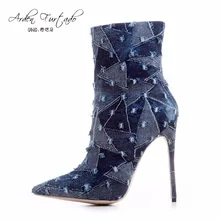 Новинка года; сезон весна-осень; ботильоны для женщин; Ботинки Челси; голубой джинс деним; сапоги на высоком каблуке; пикантные женские туфли на шпильке с острым носком