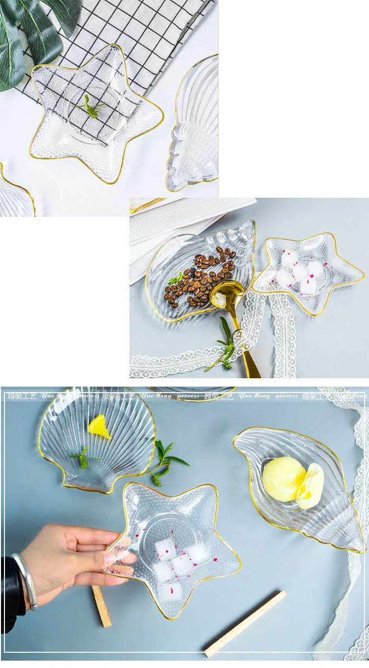 Glass Golden Ocean Conch Starfish Jewelry Dish Breakfast Steak Western Food Fruit Plates Storage Tray Decoration Crafts Gifts