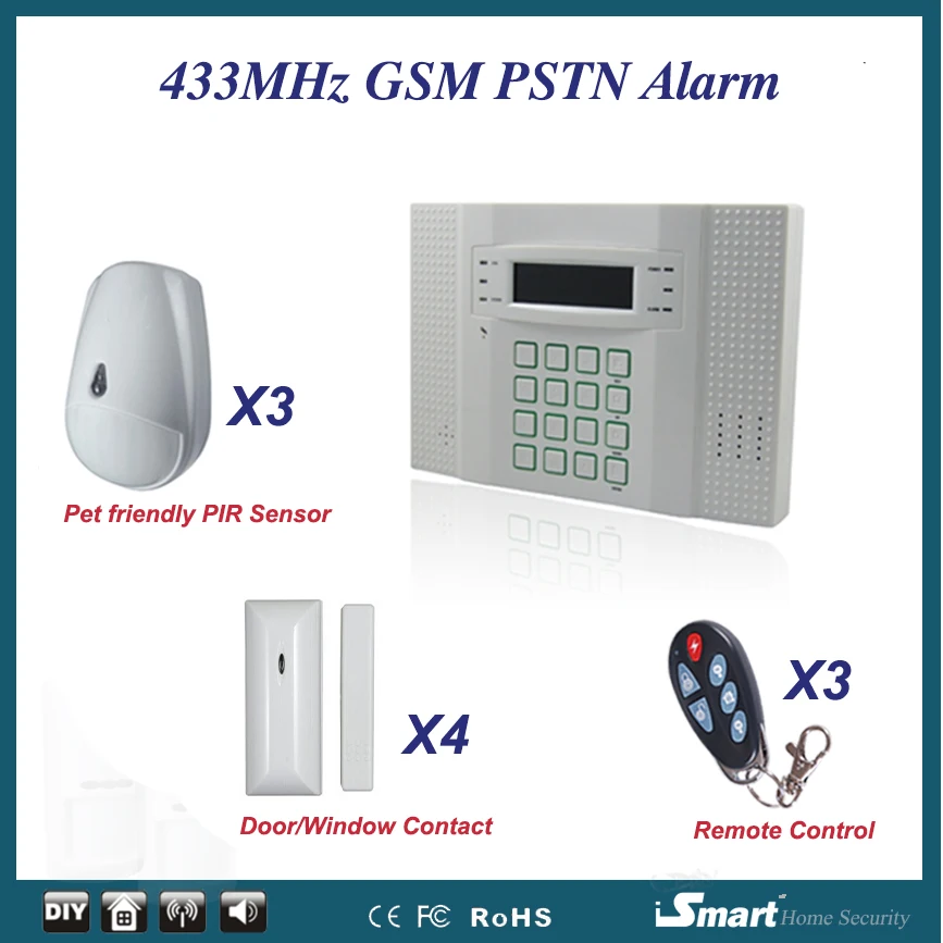 High Quality 433MHz GSM Wireless Home Alarm System with Cat/Dog Friendly Motion Sensor+Door Window Sensor+Remote Controller