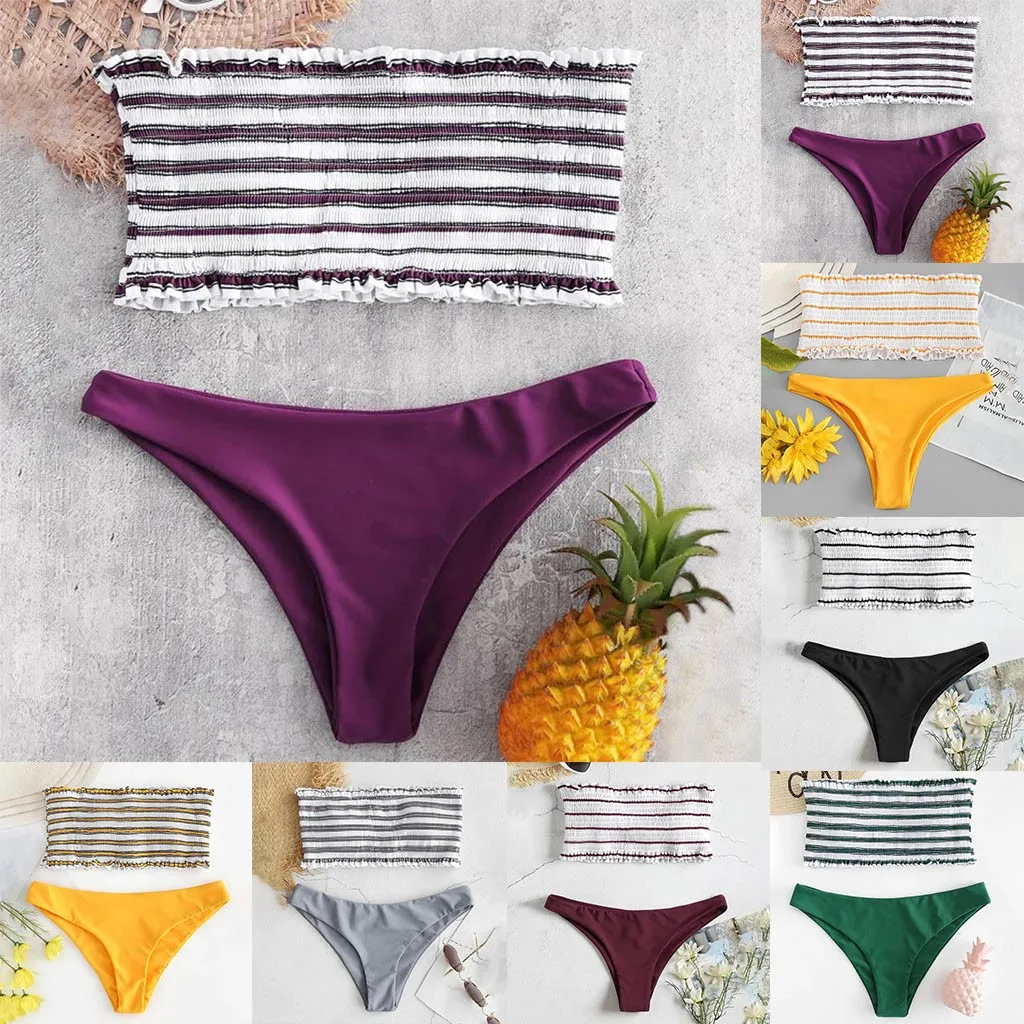 

Bikini 2019 Sexy 2PC Women Sexy Swimwear Bikini Suit Stripe Push-Up Padded Bathing Beachwear thong bikini Off shoulder swimsuit