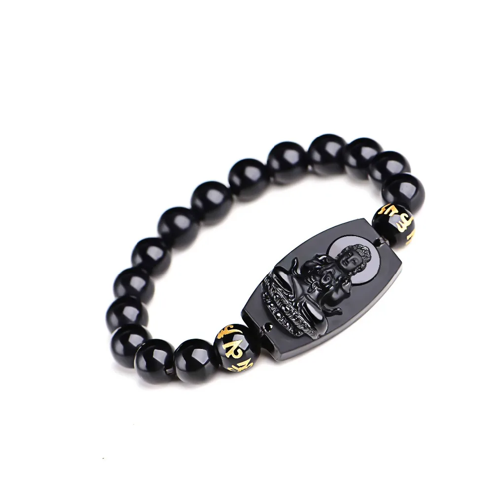 10 мм высокое качество натуральный черный Обсидиан Резной Будда Лаки амулет круглые бусины браслет для женщин мужчин браслет ювелирные изделия