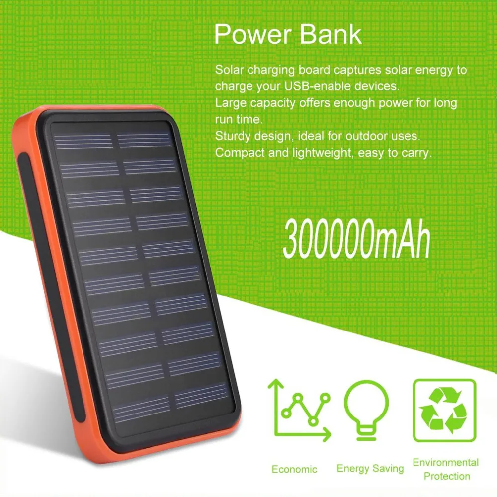 Солнечный внешний аккумулятор 30000 мАч, портативное водонепроницаемое солнечное зарядное устройство, внешний аккумулятор 300000 мАч, Двойной внешний аккумулятор USB