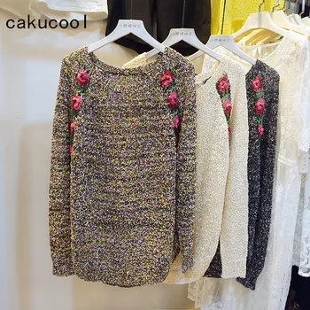 

Cakucool Women Embellished Sweaters Spring Long Sleeve O-neck Floral Embroid Jumpers Hollow Out Vintage Loose Cute Sweater Lady