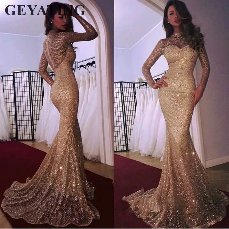 Sparkle Gold Sequined Mermaid Arabic Evening Dress Long Sleeves High Neck Kaftan Dubai Prom Dresses 2019 Elegant Formal Gowns
