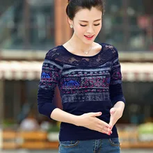 Кружева сетки верхней Длинные рукава футболка женская футболка Топы с принтом Повседневная футболка Женские футболки poleras де mujer футболка femme