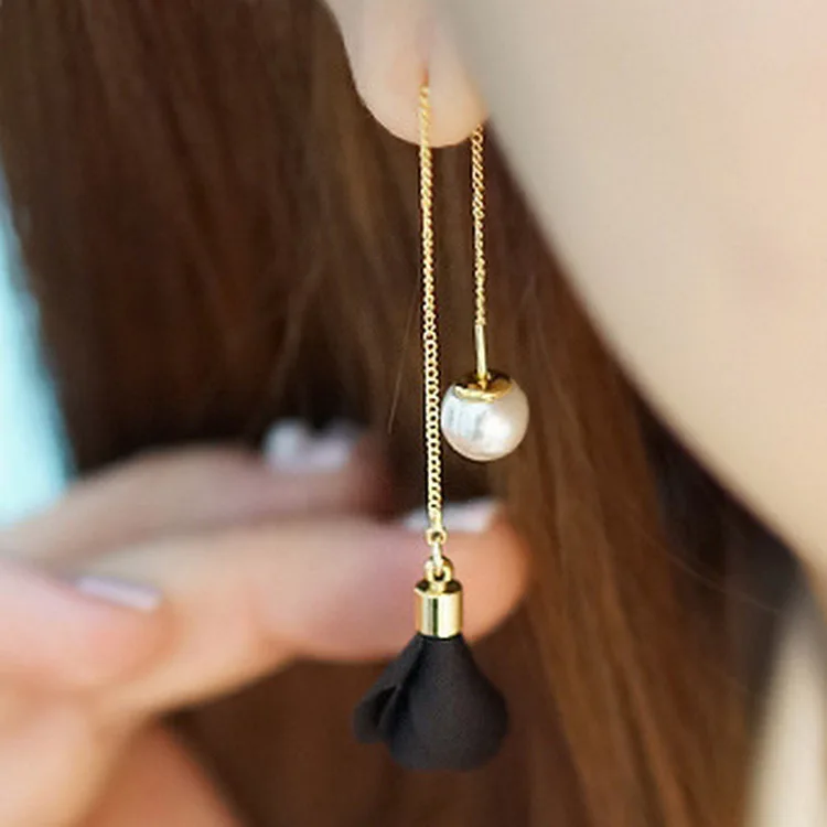 

New Style Trendy Simple Stud Earrings Female Long Flower Ear Thread Fringed Earrings Pearl Ear Studs Wholesale