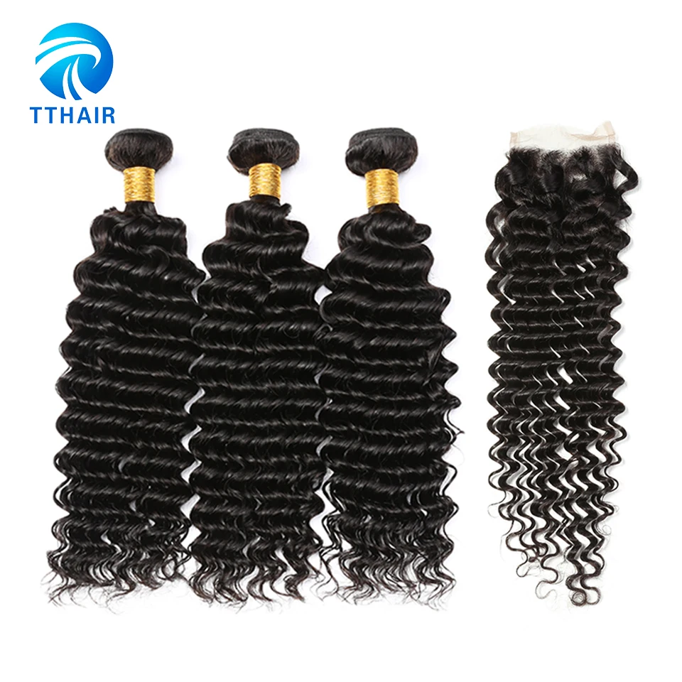 

TTHAIR Deep Wave Bundles With Closure India Hair Bundles With Closure Natural Color Remy Human Hair 3 Bundles With Closure