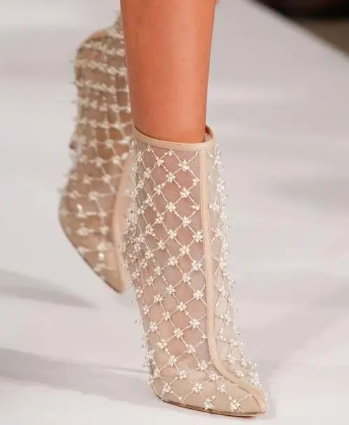 

Luxury Beige Mesh Leather Boots Women String Bead See Through Banquet Shoes Thin Heels Pointed Toe Hollow Out Ankle Boots