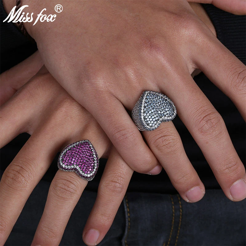 

HOT!!! Hip Hop Cute Heart Sharp Micro Mosic Red/Blue HQ Cubic Zirconia Iced Out Romantic Women Men Platinum Party Ring