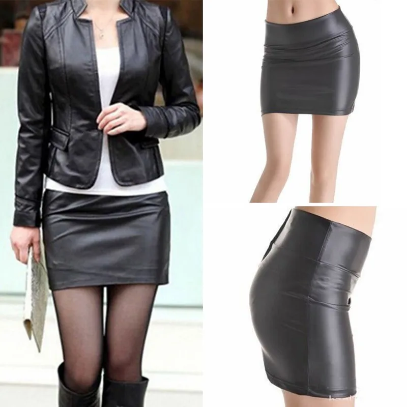 EFINNY, сексуальная женская облегающая мини-юбка, высокая талия, искусственная кожа, на молнии, мини-короткая черная юбка, S-3XL